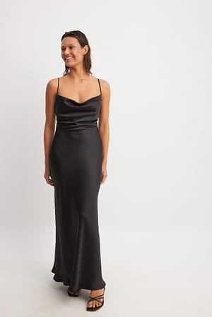 Black Waterfall Strap Back Maxi Dress