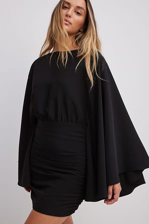Black Wide Sleeve Draped Mini Dress