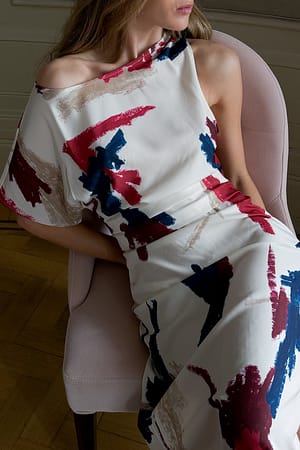 Print Woven One Sleeve Draped Detail Asymmetric Dress
