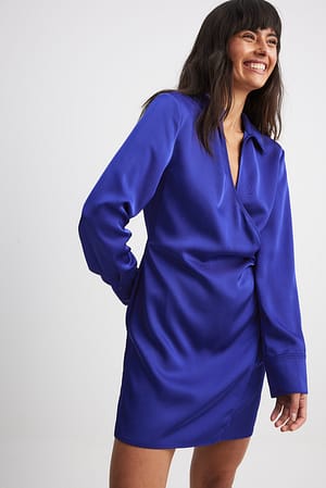 Blue Wrap Satin Mini Shirt Dress