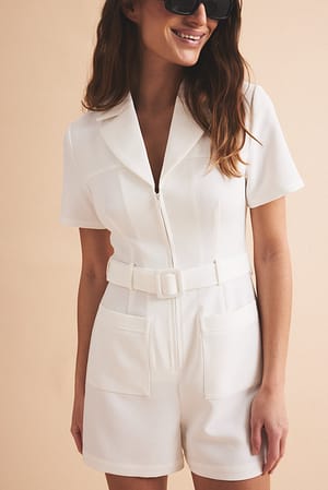 White Zipped Belted Playsuit